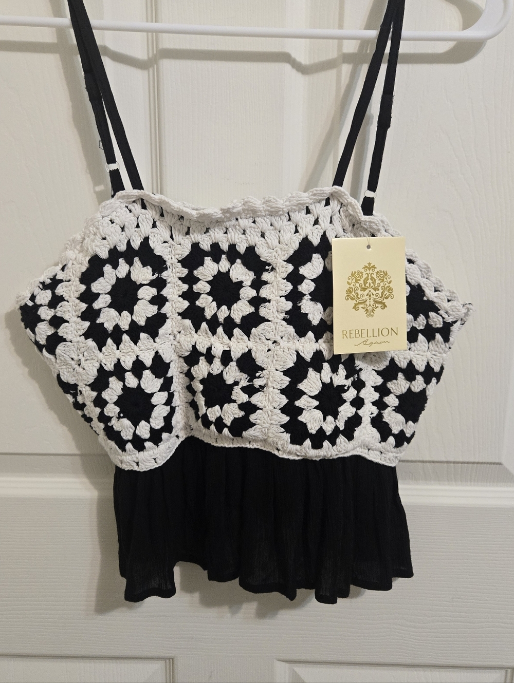 Rebellion Black & White Crochet-Panel Spaghetti Strap Cami